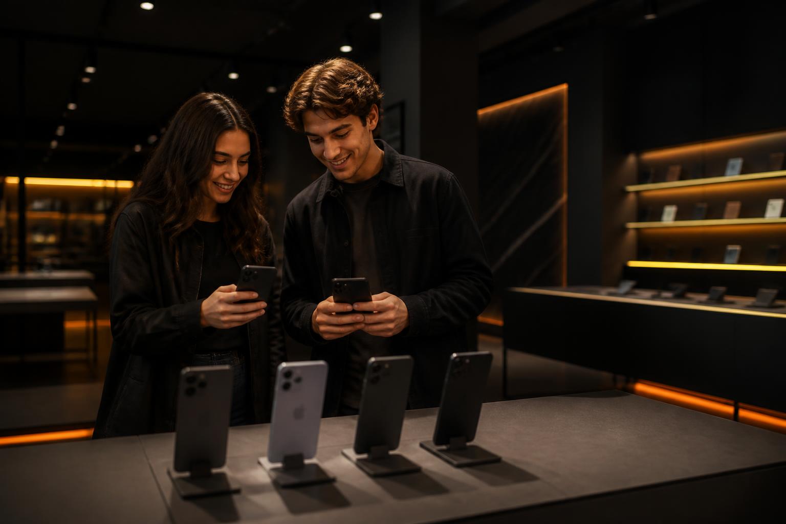 Two customers comparing smartphones in a Voltra showroom